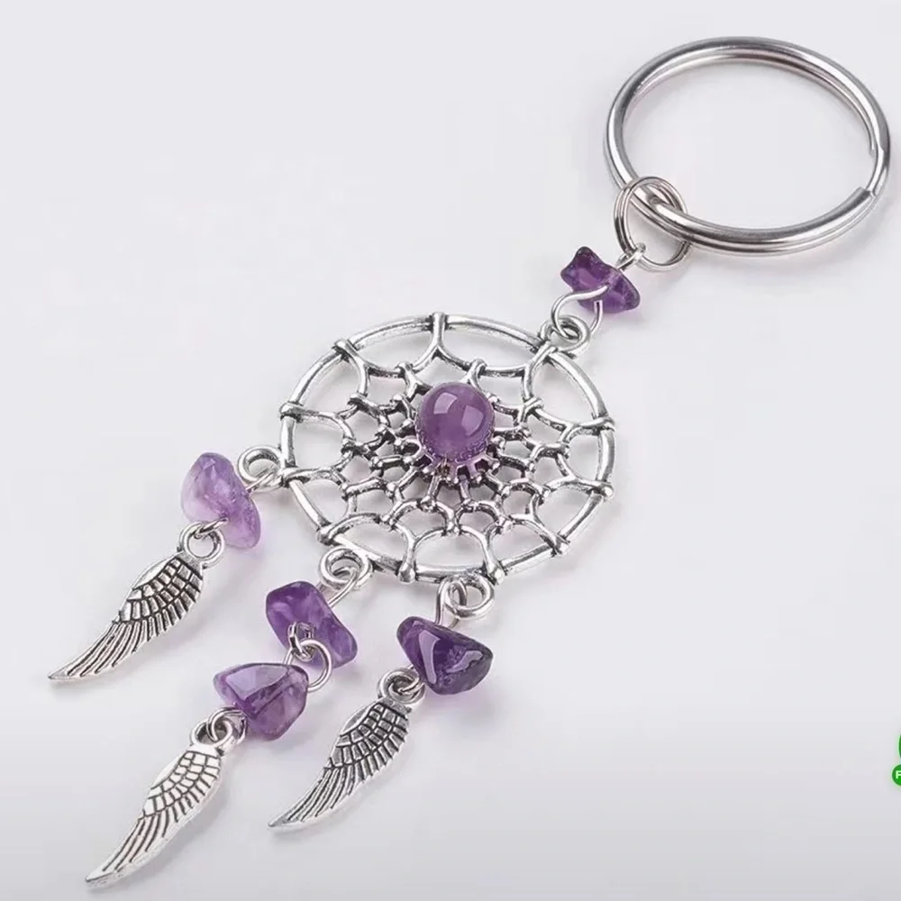 Dream Catcher Native American Keychain Silver Amethyst Purple